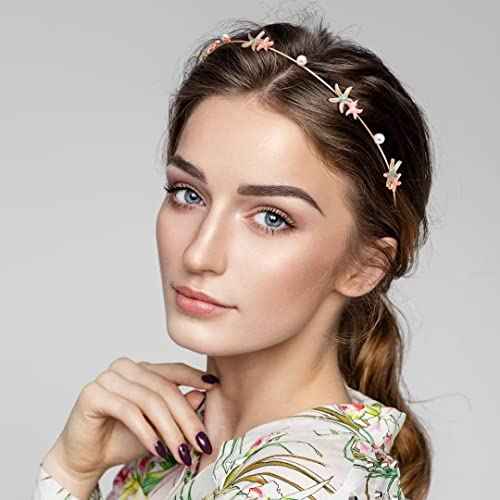 3pcs Rhinestone Starfish Headbands Handmade Pearl Seashell Mermaid Headbands Crystal Hair Hoops Bridal Headpiece Vine Tiara Halloween Beach Wedding Hair Accessories for Bride Women Silver Gold
