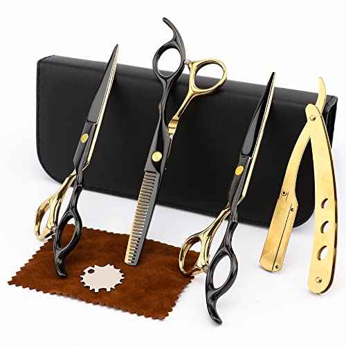 Professional Black Gold Hairdressing Scissors Stainless Steel Barber Hair Cutting Sets Salon Multifunctional Straight Shears Teeth Scissors Thinning Shears Tools for Mother Father's Gift