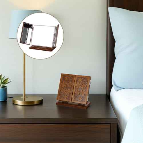 VALICLUD 1Pc Folding Wooden Carve Pattern Makeup Mirror Three Sided Desktop Vanity Mirror for Distortion Reflection Stable Wooden Base for Home and Office Use