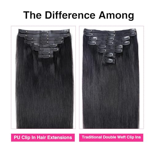 Seamless Clip in Hair Extensions Human Hair for Black Women Pu Clip in Hair Extensions 100% Unprocessed Full Head Brazilian Virgin Straight Human Hair Natural Black Color,8/Pcs with 18Clips,1 (20inch)