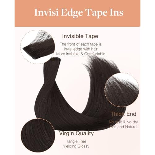 GOO GOO Invisi edge Tape in Hair Extensions Human Hair, 2 Dark Brown 20pcs 20inch 50g, Virgin Human Hair Tape ins, Seamless Injected Tape in Hair Extensions