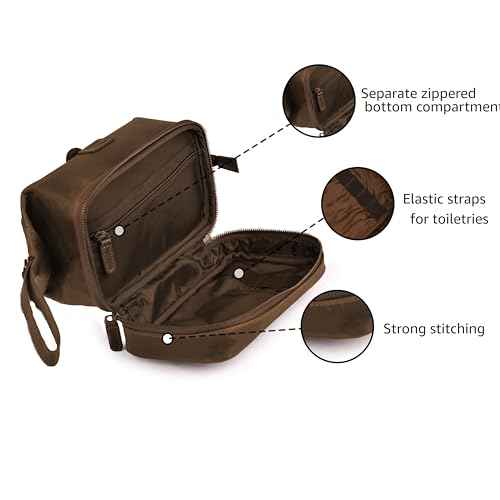 LEATHER VILLAGE Genuine Leather Dopp Kit ? Large Travel Toiletry Bag with Waterproof Lining, Dual-Zip Design for Men & Women, Organizer for Shaving, Makeup & Essentials - Brown