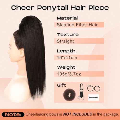 SEIKEA Cheer Ponytail Hair Piece, 16" Black Brown Straight Cheerleader Hairpiece Ponytail Extension for Cheerleader Competition, Dance