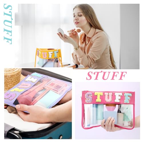 Nuanchu 9 Pcs Clear Chenille Letter Bag Stuff Pouch PVC Waterproof Preppy Cosmetic Makeup Bag Snack Travel Beach Pouch with Wrist let for Teen Women Gifts Operation Christmas Gifts Items