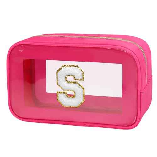 Gloppie Initial Clear Makeup Bag - Preppy Cosmetic Travel Toiletry Bag With Chenille Letter S - Gift for Women