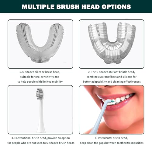 360¡Æ U-Shaped Toothbrush, Electric Toothbrushes for Adults, Multiple Brush Heads Options, Blue Light Whitening, IPX7 Waterproof, 360¡Æ Cleaning Suitable for People with Limited Mobility