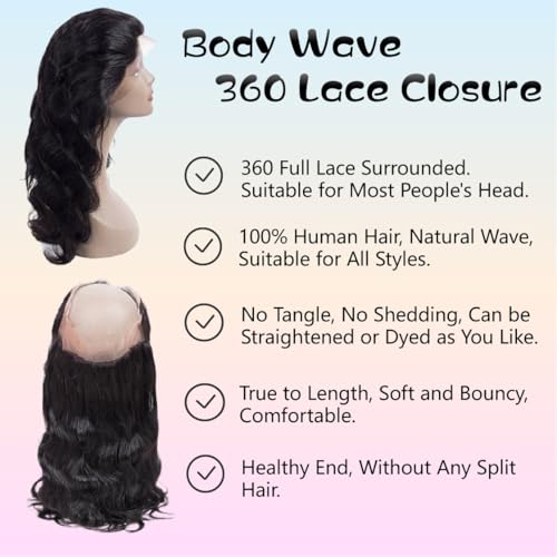 360 Closure Human Hair HD Transparent Full Lace Frontal Pre Plucked With Baby Hair Natural Hairline Bleachable Knot Free Part Raw Brazilian Unprocessed Natural Color 20 Inch