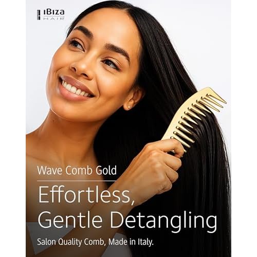 Ibiza Hair Professional Wave Detangling Comb (Gold), Wide Spaced Teeth Preserve Curl & Definition, Pain Free Hair Accessories for Women & Girls, Durable & Heat Resistant for Everyday Use