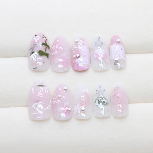 24Pcs Floral Almond Press on Nails Short Light Pink Fake Nails Cute French Nails Press ons Flower Full Cover Stick on Nails Almond Shape False Nails Tip Pearl Nails for Women Daily Wear Manicure Kit