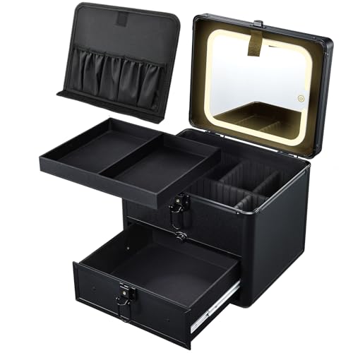 Makeup Case with Drawer, Detachable Lighted LED Mirror, Makeup Organizer Box Travel Make up Vanity Case Portable Cosmetic Train Case for MUA Lockable Makeup Suitcase with Adjustable Dividers