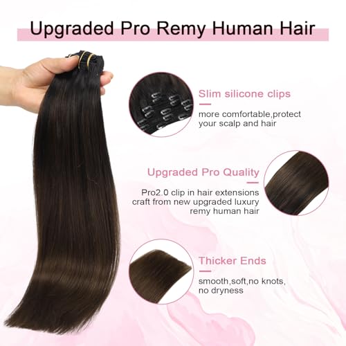 Pro2.0 Clip in Hair Extensions Real Human Hair 120g Thick 7pcs Color #1BT4 Natural Black Fading to Middle Brown Remy Real Human Hair Extensions Clip ins 14inch Double Weft£¨#1BT4-14inch£©