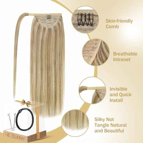 Ve Sunny Ponytail Extension Real Human Hair for Women Clip in Ponytail Hair Extension Straight Hair Pieces Wrap Around Dark Ash Blonde Highlights Golden Blonde 14inch 80G