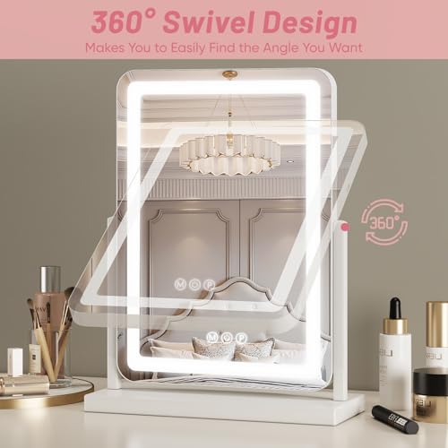 Suidia Vanity Mirror with Lights, 18"¡¿14" LED Makeup Mirror with Light, Smart Touch with 3-Color Lighting, 360¡ÆRatation for Vanity Desk Tabletop,White,Lamp Belt Style