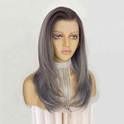 Ash Gray Brown Wig Highlight Dark Grey Color 13x4 Lace Front Wigs Layered Style Wavy Synthetic Fiber Hair 18Inch Pre Plucked for Women