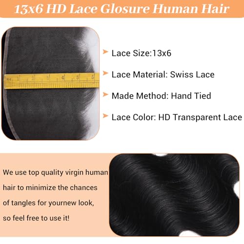 13x6 Frontal Human Hair Body Wave HD Transparent Ear to Ear 18 Inch Lace Frontal Closure With Baby Hair Free Part 100% Virgin Human Hair Natural Black