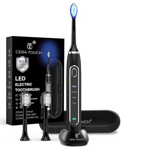 CERA TOUCH 6 Blue LED Whitening Electric Toothbrush| Electric Toothbrush for Adults | 4 Modes With Smart Timer Plaque Removal & Memory Function | 2Heads | IPX7 Waterproof |Travel Case |WirelessCharger