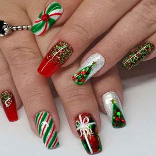 Christmas Press on Nails Medium Coffin Fake Nails with Christmas Tree Gift Knots Designs Glitter Glue on Nails Xmas Design Green and Red Stripes Full Cover False Nails Artificial Acrylic Nails 24pcs