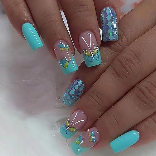 24pcs Square Press on Nails - Glossy Glue on Nails, Green French Tip Acrylic Nails with Butterfly Design False Nails for Women's Manicure