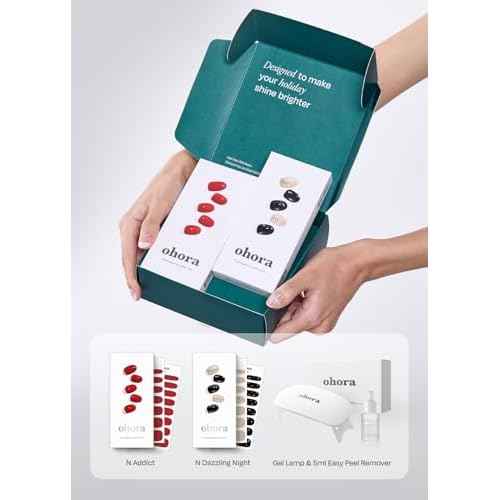 ohora Semi Cured Gel Nail Strip (2024 Christmas Gift Set (Limited Edition)) - Works with UV/LED Lamps, Salon-Quality, Long Lasting, Easy to Apply/Remove - Includes 2 Prep Pads, Nail File, Wooden Stick