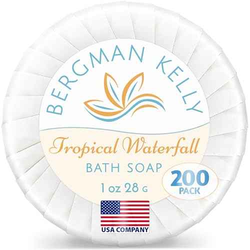 BERGMAN KELLY - Hotel Soap Bars in Bulk - Tropical Waterfall, 1 oz, 200 PK - Small Individually Wrapped Round Soap - Travel Size Mini Toiletries for Airbnb, Motel, Guest Bathroom