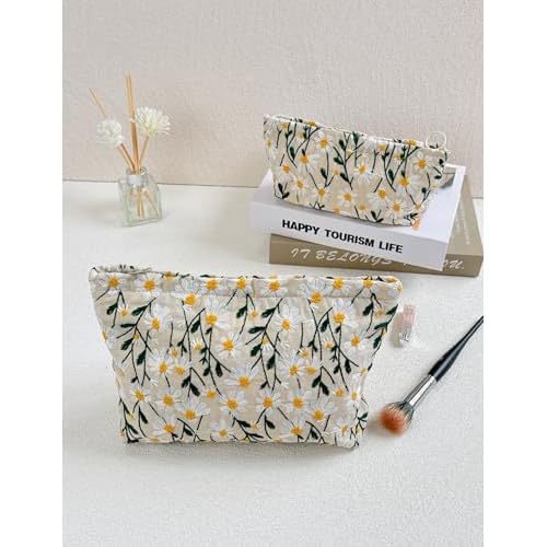 2 Pcs Makeup Bags, Large Cosmetic Bag Travel Toiletry Bag Organizer for Women, Embroidery Craft, Floral Makeup Bag Small Cosmetic Pouch Purse with Zipper Gifts for Girls Teen