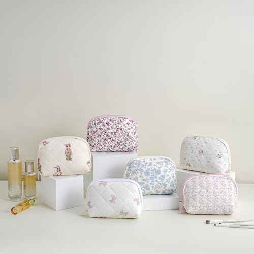 JOVAKIT Quilted Conch Shaped Makeup Bag Cosmetic Bag for Women, Floral Coquette Cotton Travel Makeup Case Toiletry Zipper Make Up Pouch, Travel Storage Organizer Stuff (Rabbit Bear)