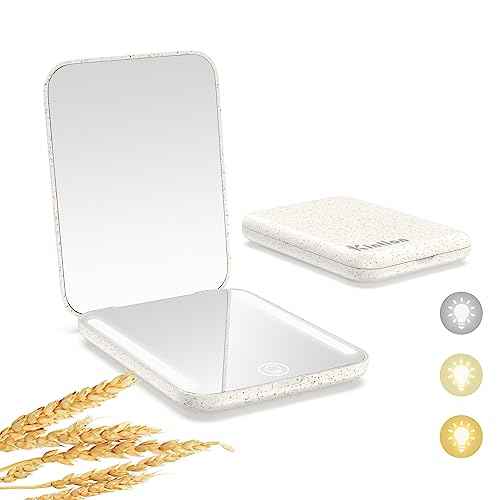 Kintion Rechargeable Pocket Mirror, Wheat Straw Material 1X/3X Magnification Portable Compact Mirror, Handheld Travel Mirror, Small Purse Mirrors for Women, Apricot
