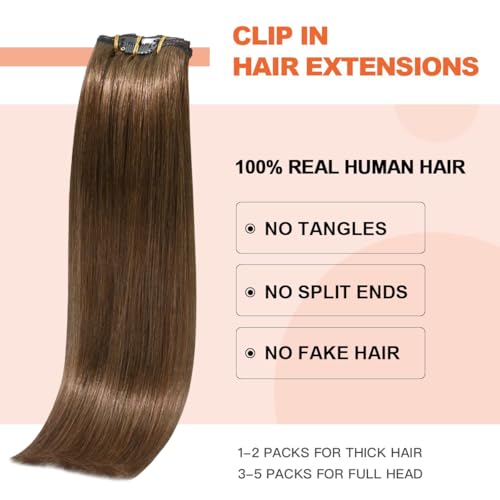 Light Brown Hair Extensions Clip in Human Hair 16 Inch 120g 7pcs Remy Hair Silky Straight 16clips One Pack for Women #6 Chestnut Brown Hair Extensions