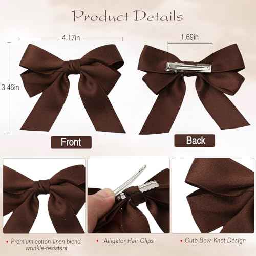 Bessrung 6PCS Small Hair Bows, Soft Satin Ribbon Bow Hair Clips for Women Girls Teens, Non-Slip Hair Barrettes for Curly Straight Hair, Cute Bow Clips, Brown Hair Accessories for Party Wedding Gift