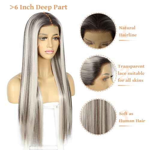 SAPPHIREWIGS Straight Synthetic Lace Front Wigs for Women Ombre Platinum Blonde Wigs with Brown Highlight Glueless 13¡¿6 Long Silky Straight Wig Pre-plucked Hairline Daily Use 26 Inches