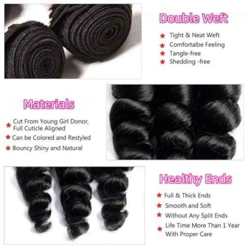 Loose Wave Bundles Human Hair Short Brazilian Virgin Human Hair Loose Wave Natural Black Color Can Be Dyed and Styled 3 Weave Bundles Total 300g 14 16 18 Inch