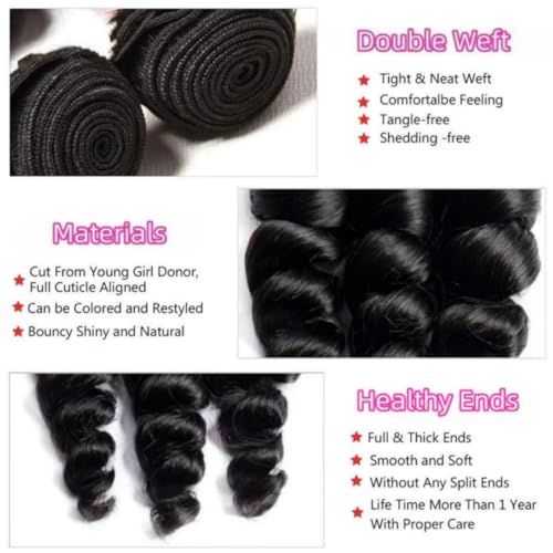 Hair Loose Wave Bundles Human Hair Brazilian Virgin Hair Loose Wave Human Hair Bundle Natural Black Color Can Be Dyed and Styled Total 300g 14 14 14 Inch