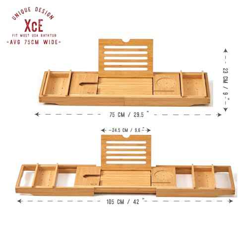 XcE Bathtub Caddy Tray Expandable to 105cm with Bamboo Book Stand and Soap Tray, Natural