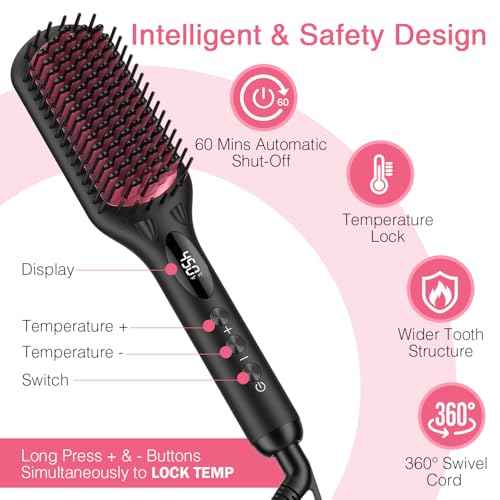 Enhanced Ceramic Hair Straightener Brush by MiroPure, 2-in-1 Ionic Straightening Brush with Anti-Scald Feature, Auto Temperature Lock & Auto-Off Function (Black)