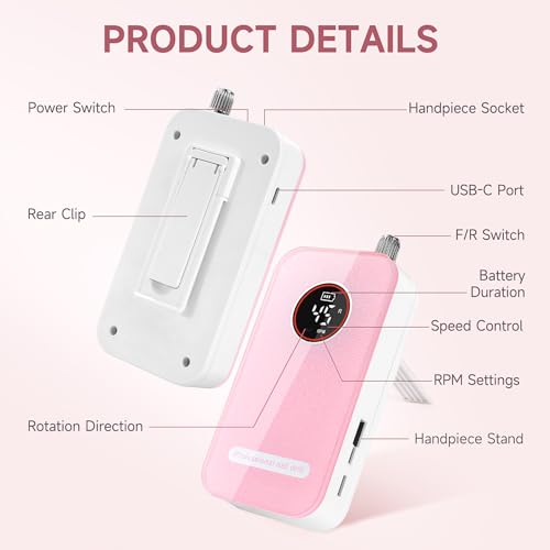 Professional Nail Drill Electric File 45000RPM, Portable Rechargeable Electric Nail File with 11 Drill Bits & 50 Sanding Bands, Low Noise Nail Drill Kit for Acrylic Gel Nails, Salon & Home Use, Pink