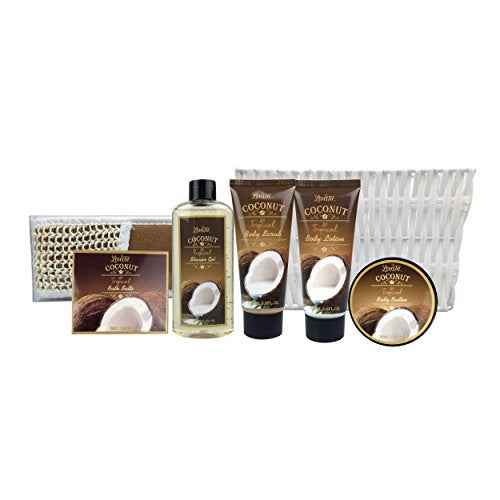Mother's Day Spa Gift Baskets Bath and Body Set Refreshing Coconut Fragrance Lovestee - Bath and Body Gift Set Includes Shower Gel Body Lotion Body Scrub Body Butter Bath Salt and Loofah Scrubbed