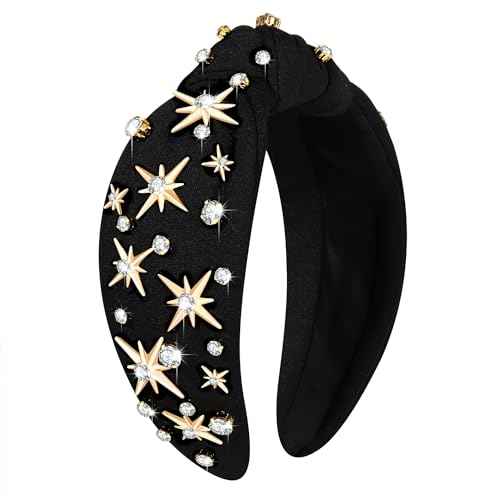 Rhinestone Crystal Jeweled Headband - Wide Top Knot Hairband for Women, Fashion Hair Accessory for Christmas, New Year Party Gift (black Star knot headband A)