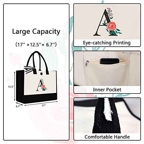 Initial Canvas Tote Bag, Personalized Birthday Gifts for Women Mom Friends Teachers, Monogrammed Tote Bags Suitable for Mother's Day Wedding Beach (Letter A)