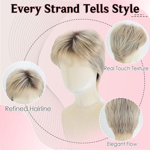 WIGYY Short Pixie Wig for White Women ? Curly Ash Blonde Wig with Dark Roots, Heat-Resistant Synthetic Wig with Bangs, Lightweight Glueless Cap for Older Women Daily Wear