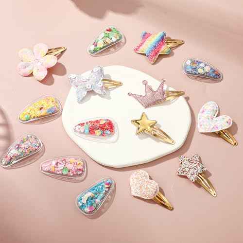 CWJCYTNSN 30 PCS Glitter Hair Clips for Girls Kids Snap Hair Clips Barrettes Sparkly Cute Hair Accessories for Little Girls Flower Butterfly Crown Hair Clip for Birthday Party Gifts