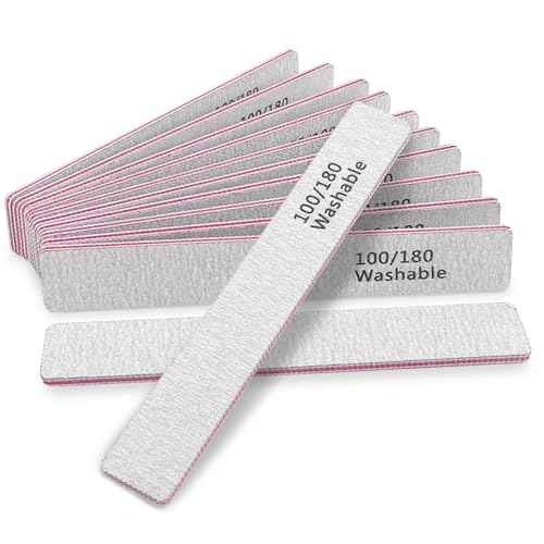 Nail File 12 PCS Professional Reusable 100/180 Grit Double Sides Washable Nail File Manicure Tools for Poly Nail Extension Gel and Acrylic Nails Tools Suit for Home Salon