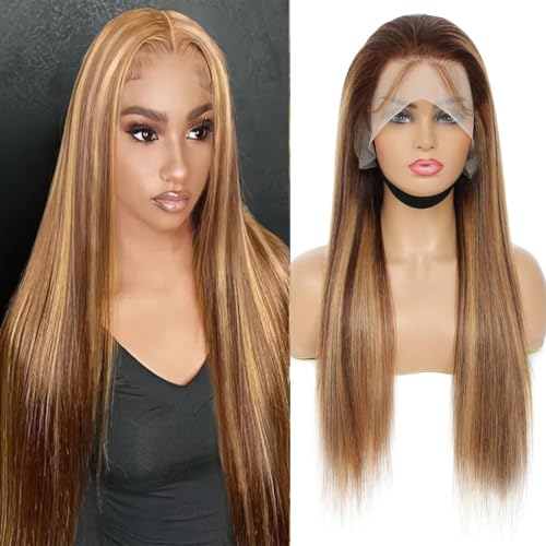 Highlight 13x4 HD Lace Front Wigs Human Hair 4/27 Honey Blonde Straight Transparent Lace Front Wigs Pre Plucked 12A Ombre Wigs Human Hair for Women 180% Density 22 Inch