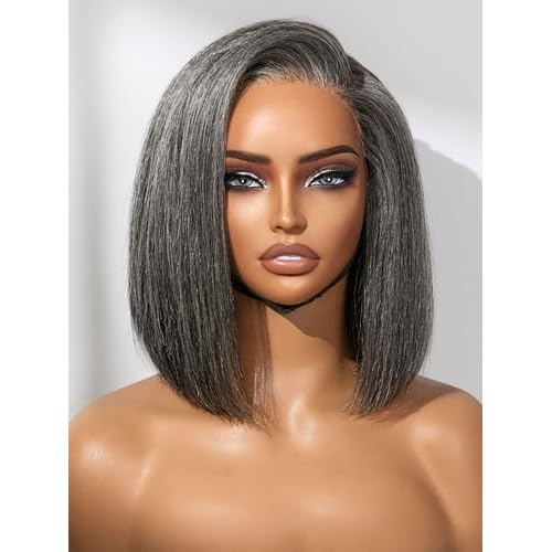 LUVME HAIR 10'' Grey Salt & Pepper Bob Wig Blunt Cut Bob Wig Pre Cut Glueless Wigs Glueless Lace Front 10 Inches Bob, Pre Cut Plucked Hd Lace Short Wig Ready To Go Natural Color Straight Side Part