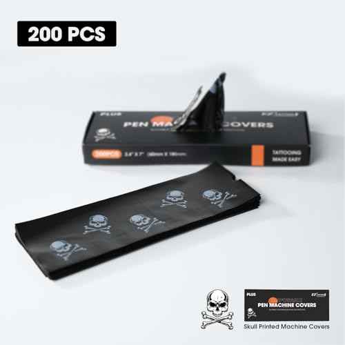 EZTAT2 Tattoo Machine Covers - 200pcs (2.4" x 7") Skull Print Transparent Black Disposable Covers for Tattoo Gun Machine