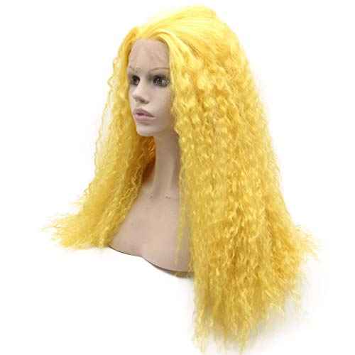 MX angel Long Curly Lace Front Synthetic Hair Yellow Cosplay Party Wig Heat Resistant Fiber