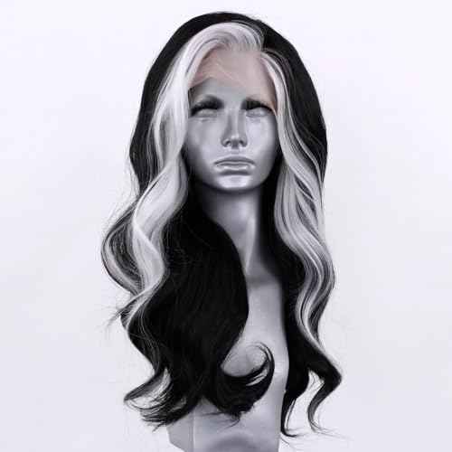 RONGDUOYI RDY Black Mix White Highlight Wig for Women Pure Black with a White Front Streak Lace Front Wigs 26inches Long Body Wave Synthetic Wig with Natural Hairline