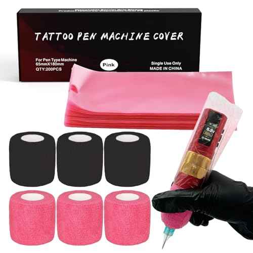 LEEYUKA 200Pcs Large Tattoo Machine Pen Covers with 6Pcs Grip Tape Machine Wrap Pink Tattoo Pen Sleeves with Self-Adhesive Tape Tattoo Supplies