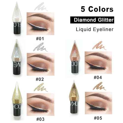 Glitter Liquid Eyeliner, 5 Colors Eyeliner Colorful Set, Shimmer Metallic Silver White, Gold Sparkling Eye Liner, Long Lasting Flare Eye Liner Liquid, Diamond Eye Makeup Set
