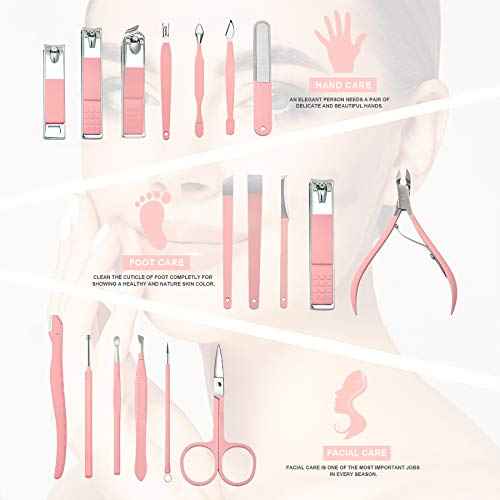 Manicure Set 18 in 1 Stainless Steel Professional Pedicure Kit Nail Scissors Grooming Kit Travel Case B01-Pink