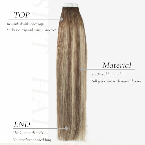 Tape in Hair Extensions Human Hair, 20pcs 50g 18 Inch Tape in Hair Extensions, Balayage Walnut Brown To Ash Brown Mix Light Blonde,Invisible Remy Silky Straight Real Natural Thick Human Hair